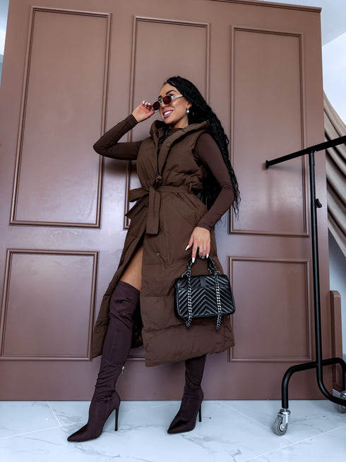 Long, chocolate brown vest with tie belt
